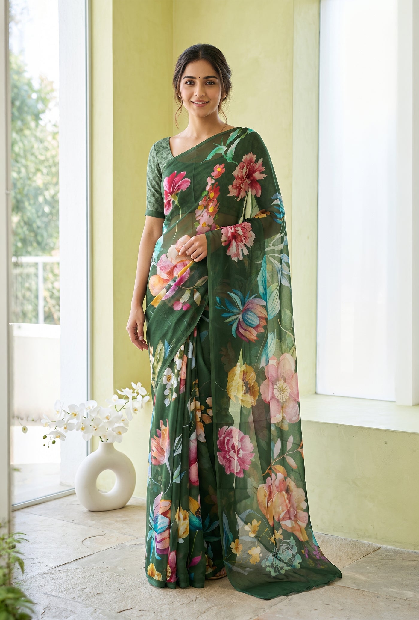Model wearing a Green Mysore Chiffon Saree with Floral Print on the body and Without Border.