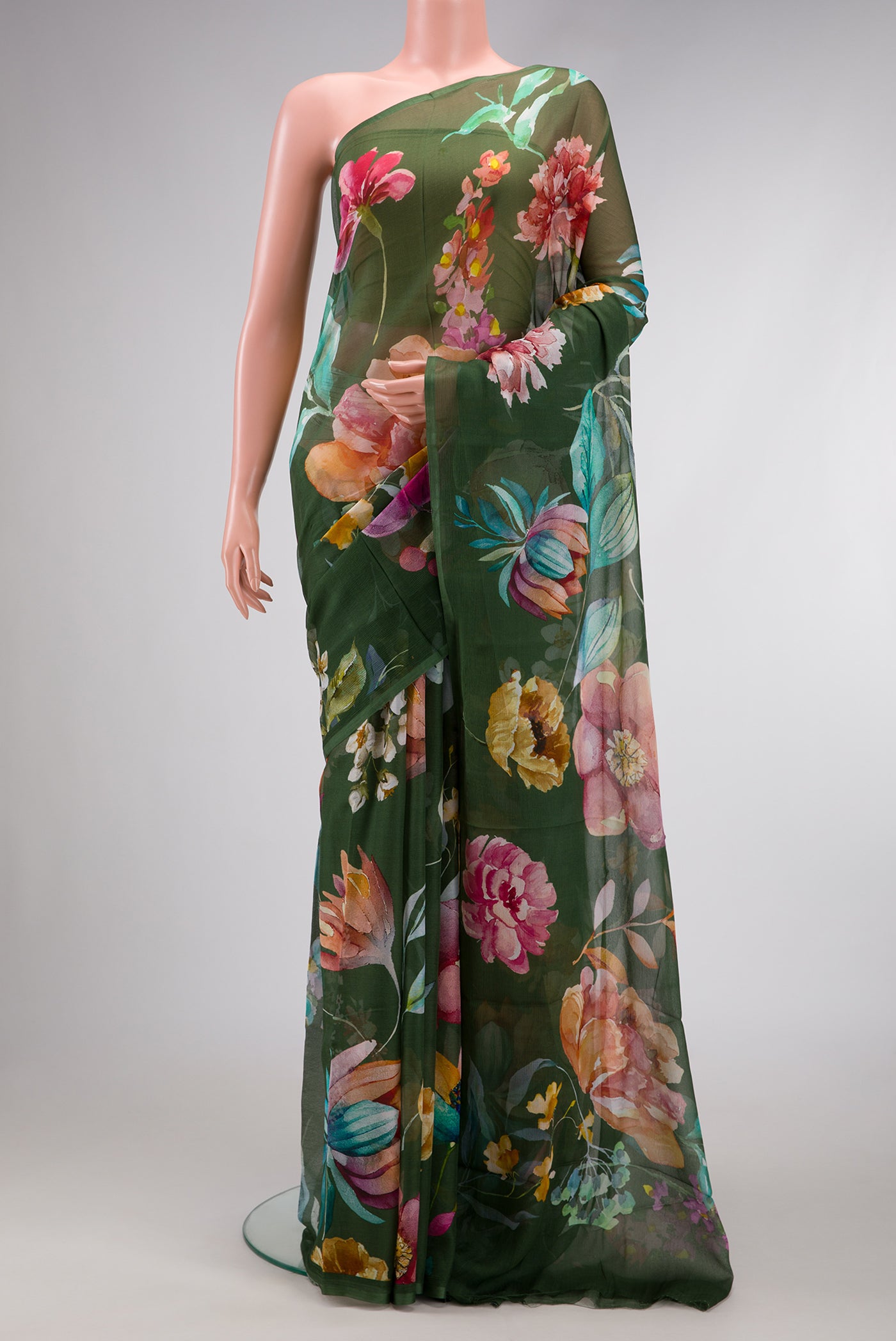 Green Dual Tone Mysore Chiffon Saree with Printed design on the body and Without Border.  displayed on a mannequin
