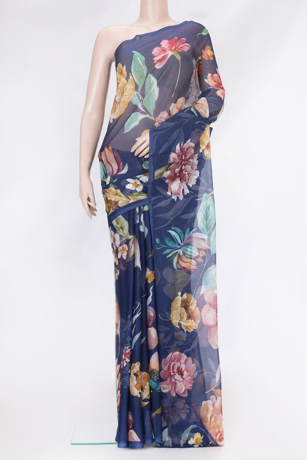 Navy Blue Mysore Chiffon Saree with Printed design on the body and Without Border.  displayed on a mannequin