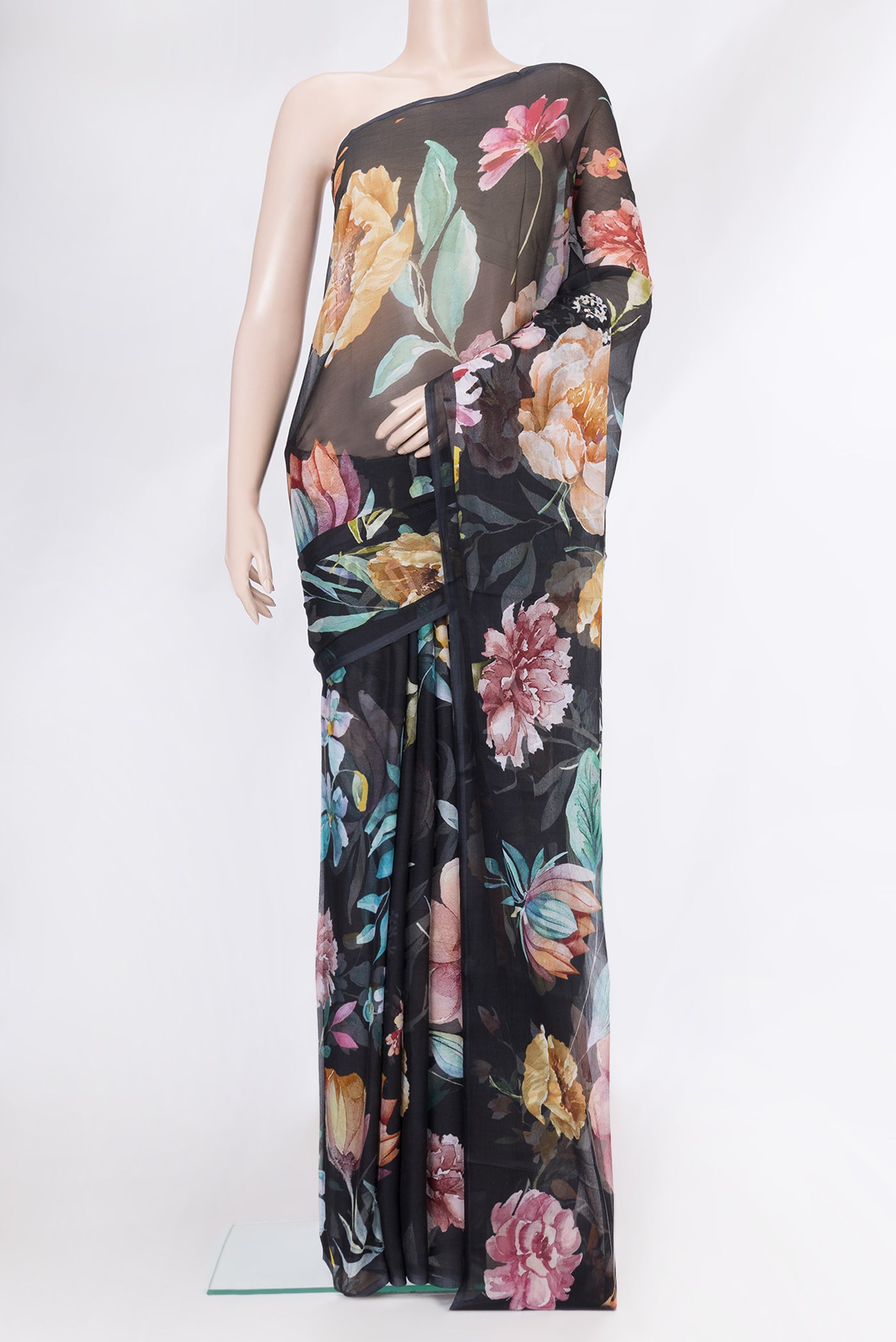 Black Dual Tone Mysore Chiffon Saree with Printed design on the body and Without Border.  displayed on a mannequin