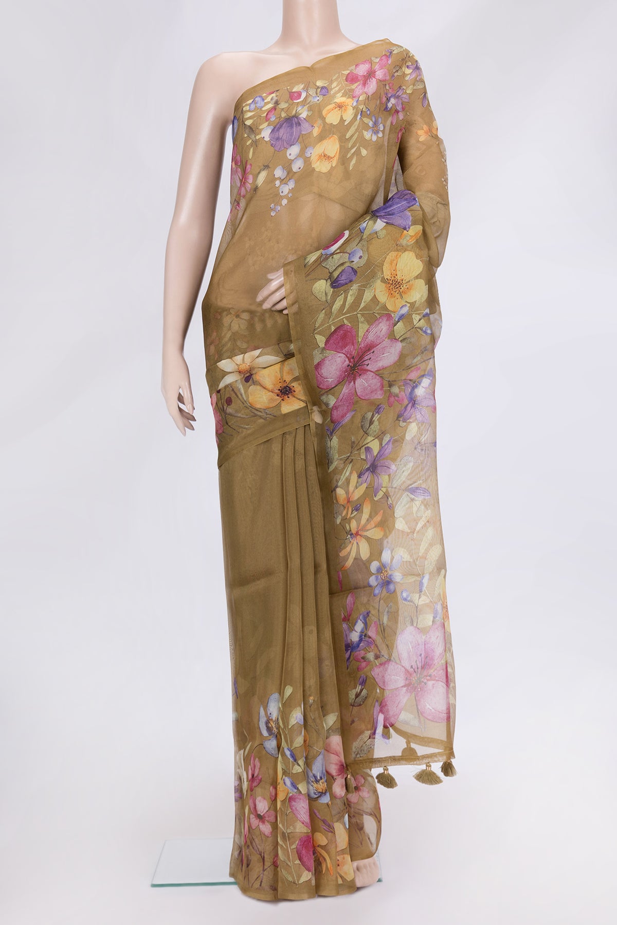 Mehandi Green Dual Tone Organza Silk Saree with Printed design on the body and Without Border.  displayed on a mannequin