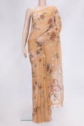 Golden Peach Dual Tone Organza Silk Saree with Printed design on the body and Without Border.  displayed on a mannequin