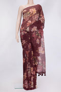 Maroon Dual Tone Organza Silk Saree with Printed design on the body and Without Border.  displayed on a mannequin