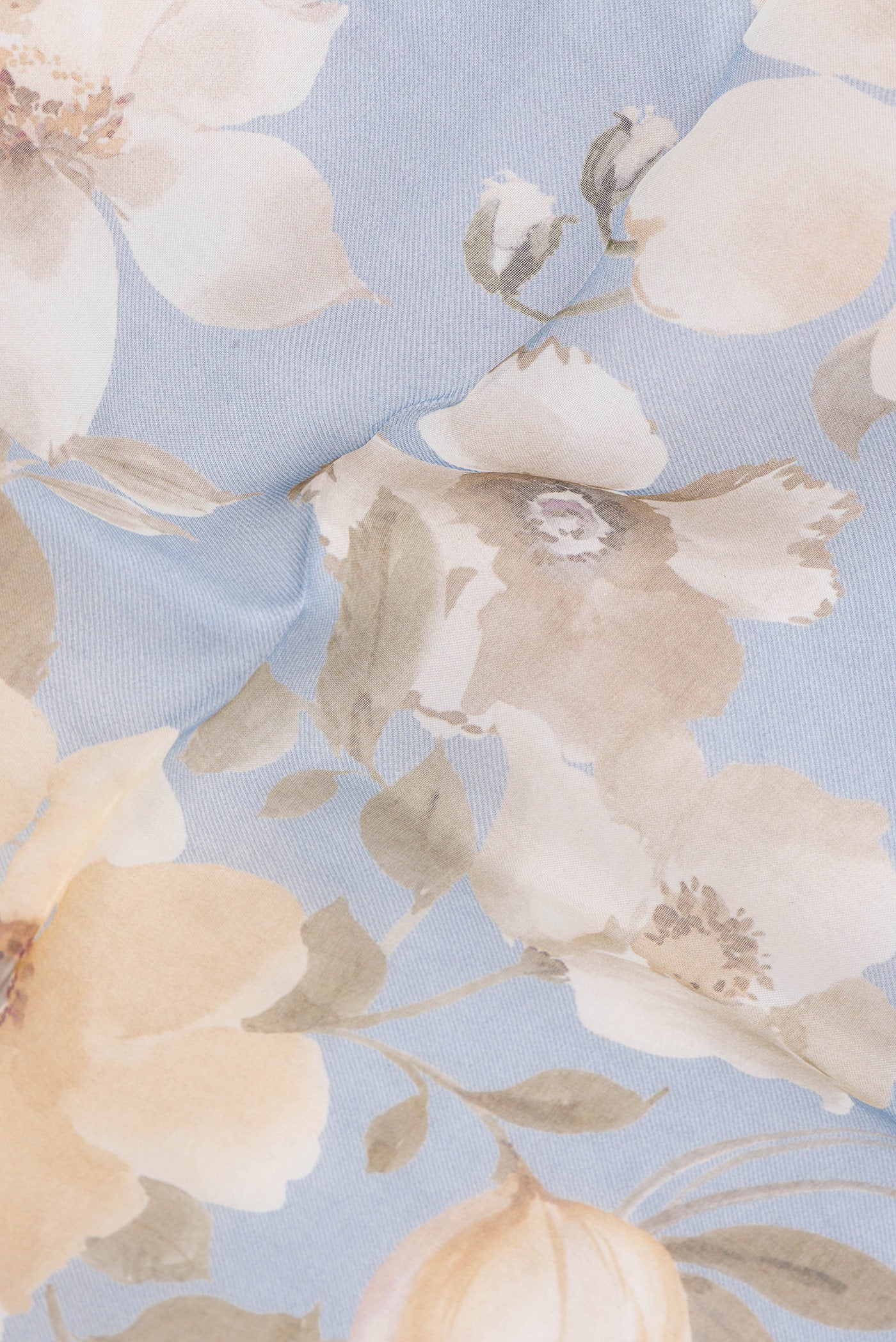 Close up of Light Blue Organza Silk Saree with Floral Print on the body and Without Border.  displaying folds