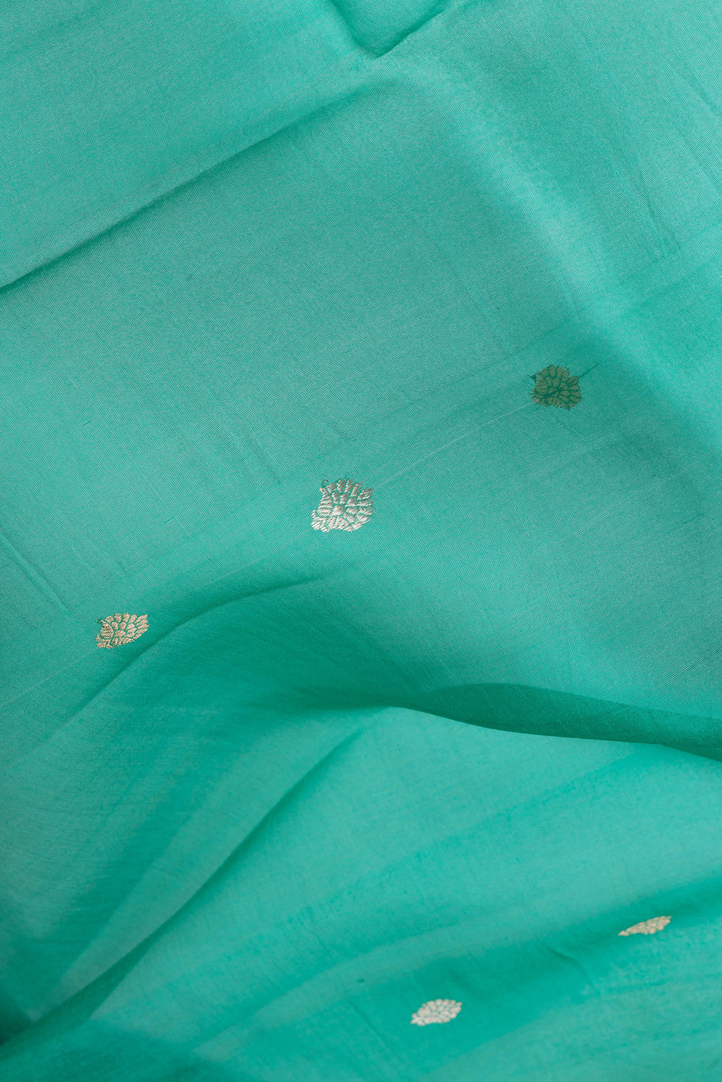 Close up of Green Organza Silk Saree with Zari Butta on the body and Fancy Border.  displaying folds