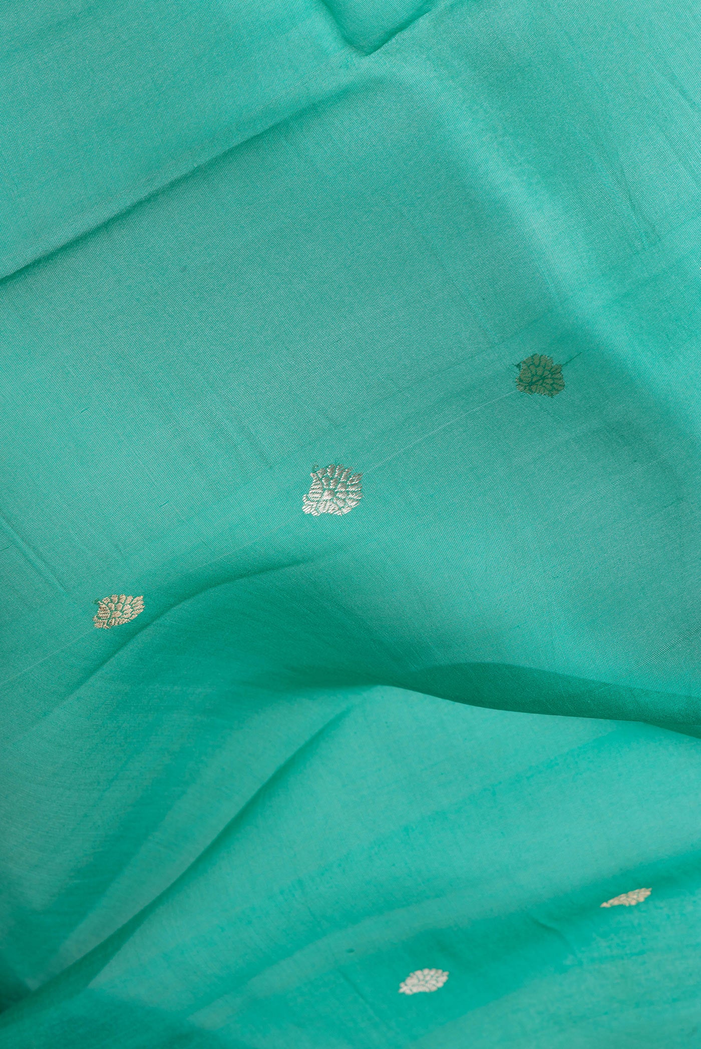 Close up of Green Organza Silk Saree with Zari Butta on the body and Fancy Border.  displaying folds