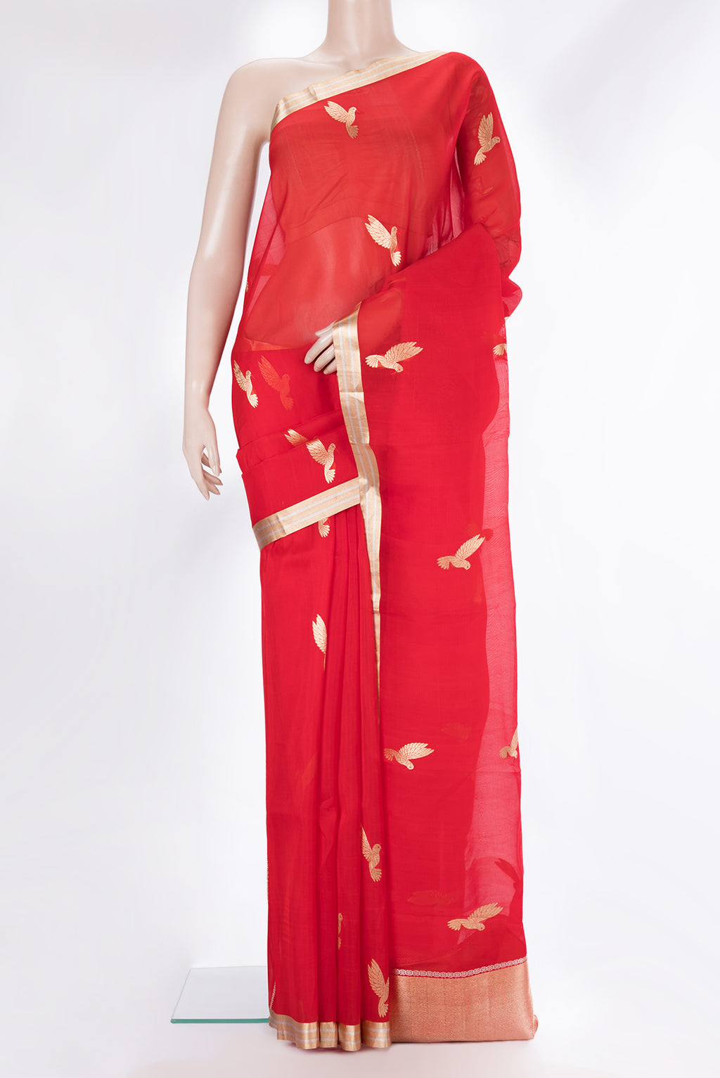Pure Silk Red Dual Tone Tussar Saree with Zari Butta on the body and Zari Border.  displayed on a mannequin
