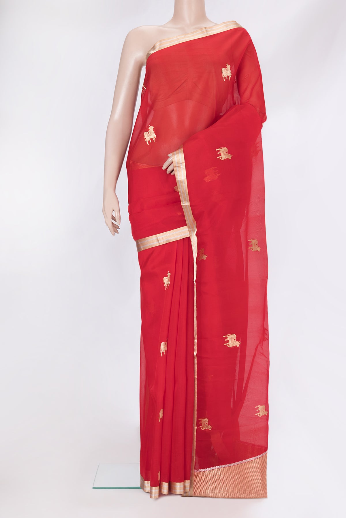 Red Organza Silk Saree with Zari Butta on the body and Zari Border.  displayed on a mannequin