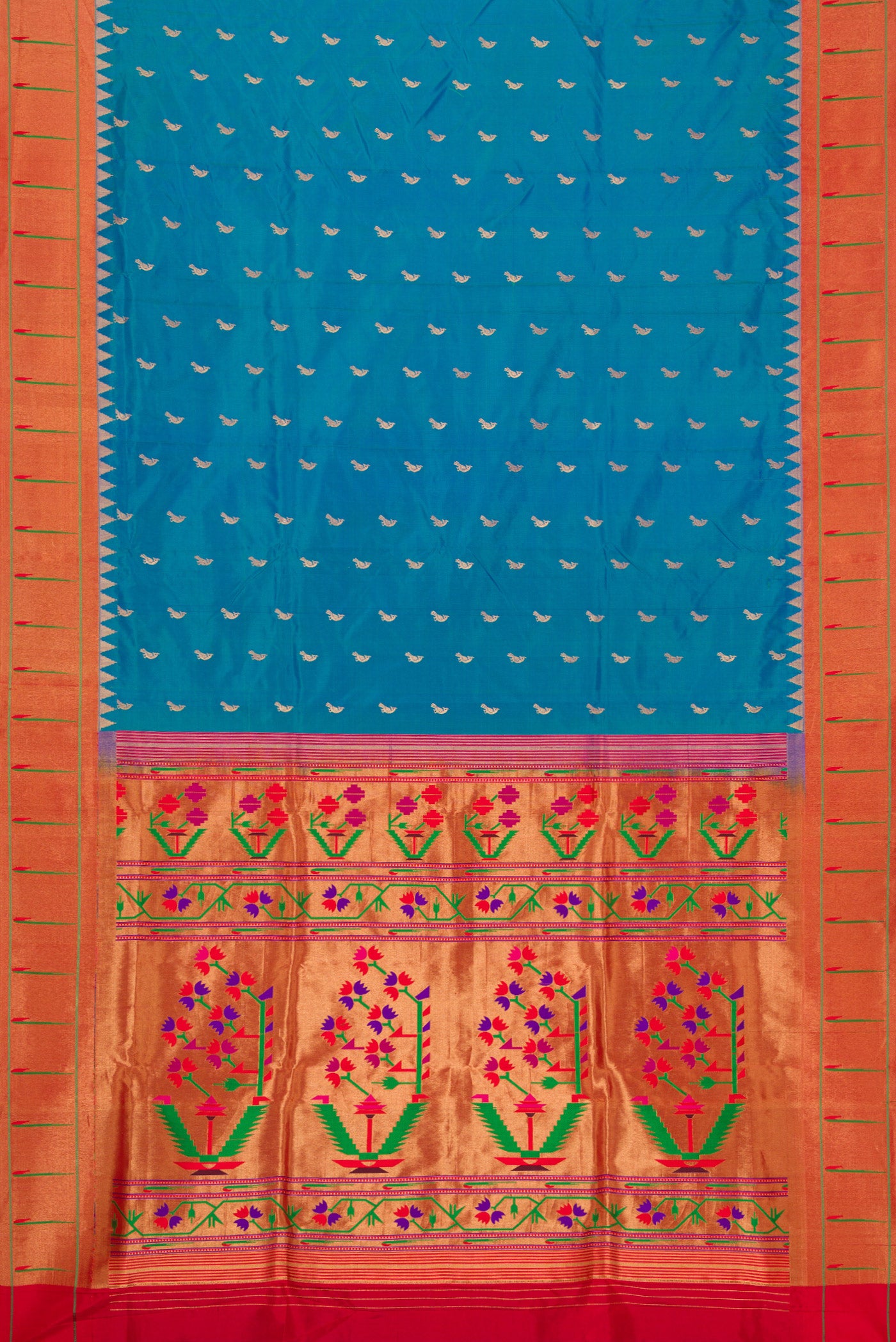 Flat view of Peacock Blue Dual Tone Paithani Silk Saree with Zari Butta on the body and Paithani Border. 