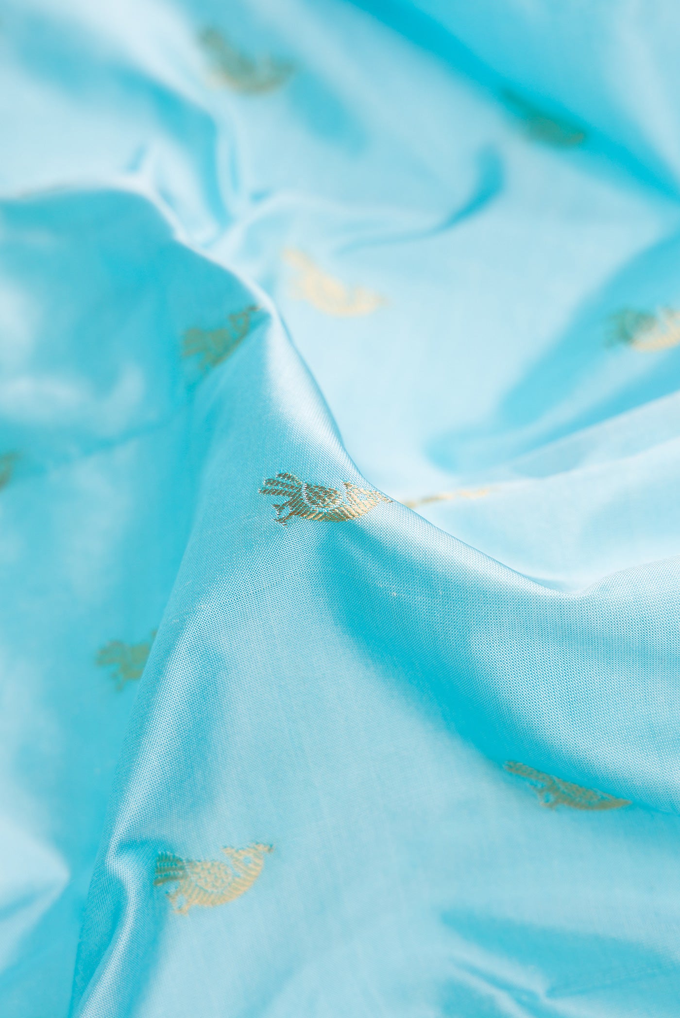 Close up of Sky Blue Dual Tone Paithani Silk Saree with Zari Butta on the body and Paithani Border.  displaying folds