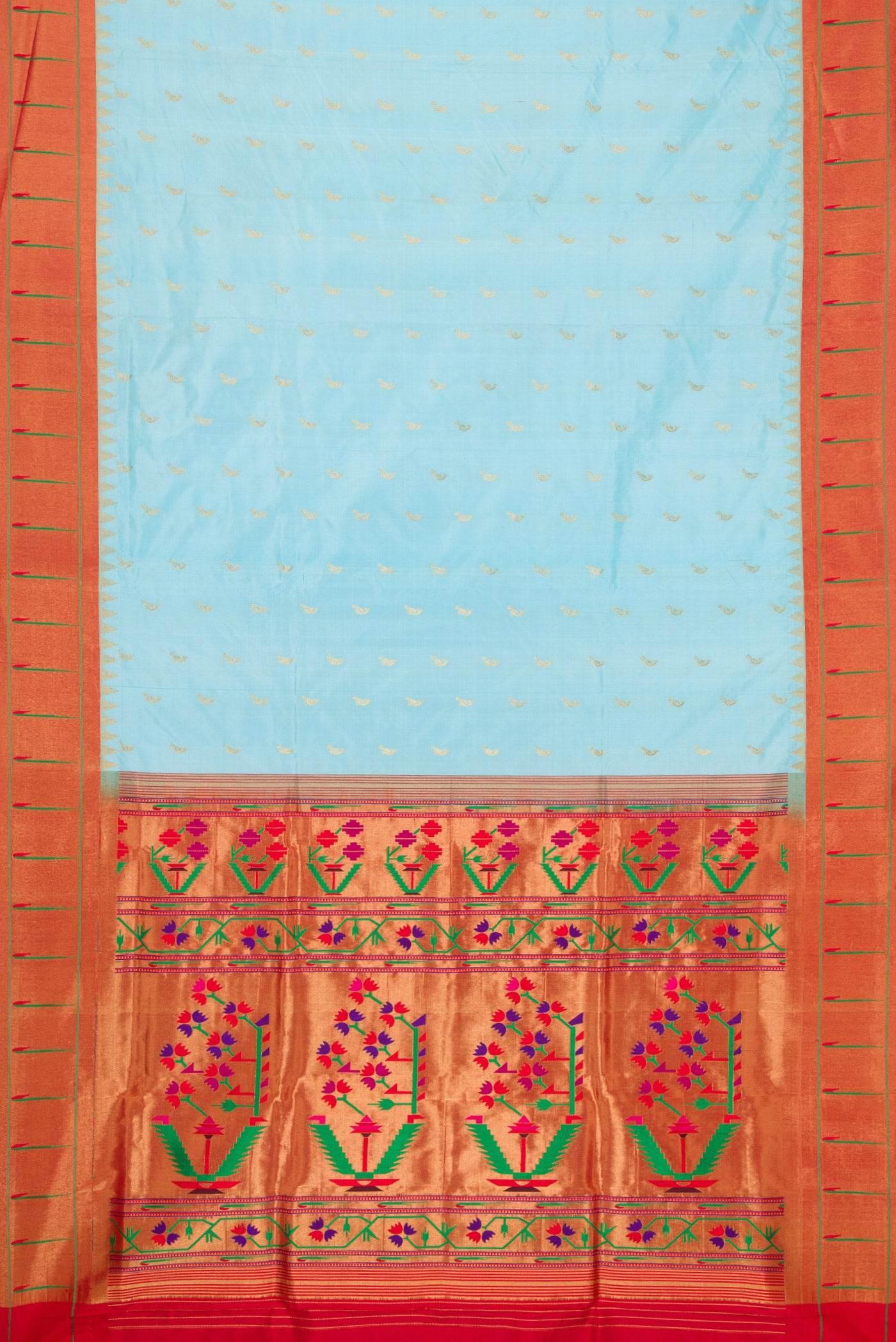 Flat view of Sky Blue Dual Tone Paithani Silk Saree with Zari Butta on the body and Paithani Border. 
