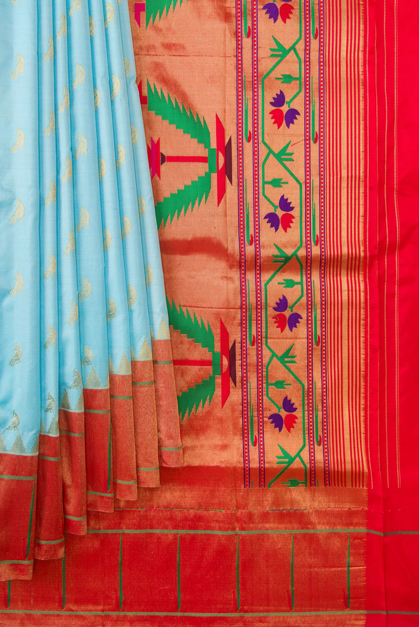 Pleats and pallu of Sky Blue Dual Tone Paithani Silk Saree with Zari Butta on the body and Paithani Border. 