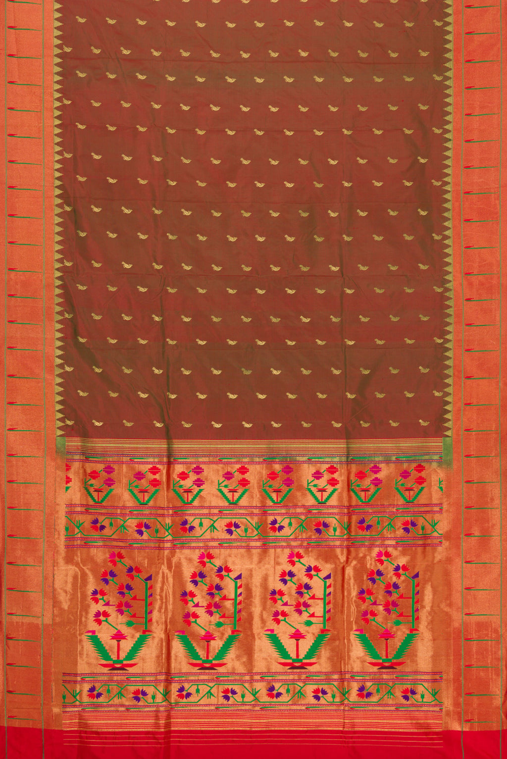 Flat view of Mehandi Green Dual Tone Paithani Silk Saree with Zari Butta on the body and Paithani Border. 