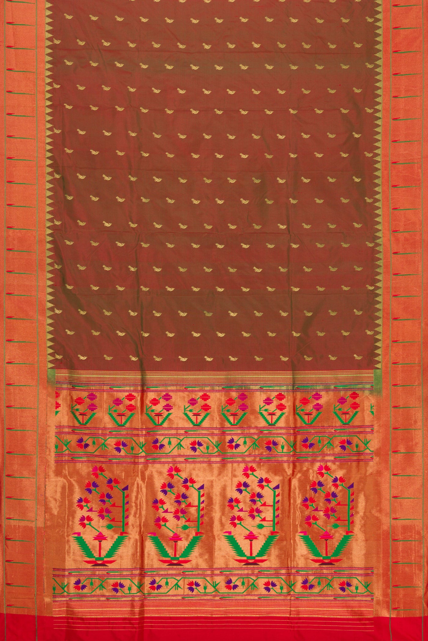 Flat view of Mehandi Green Dual Tone Paithani Silk Saree with Zari Butta on the body and Paithani Border. 