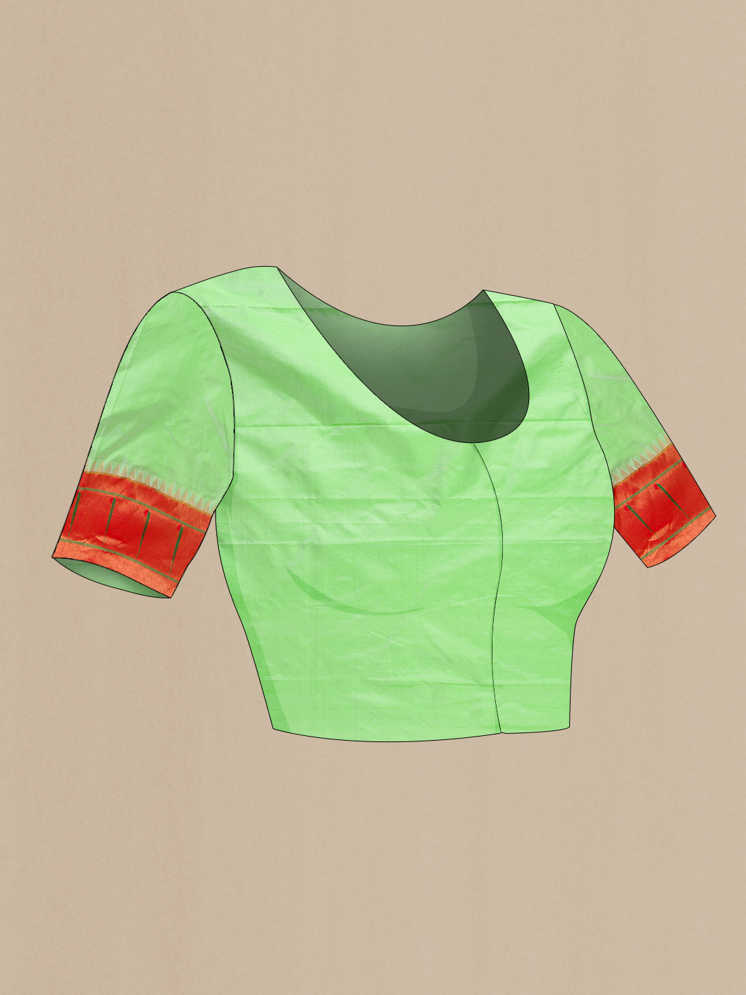 Close up image of the blouse of Pista Green Dual Tone Paithani Silk Saree with Zari Butta on the body and Paithani Border. 