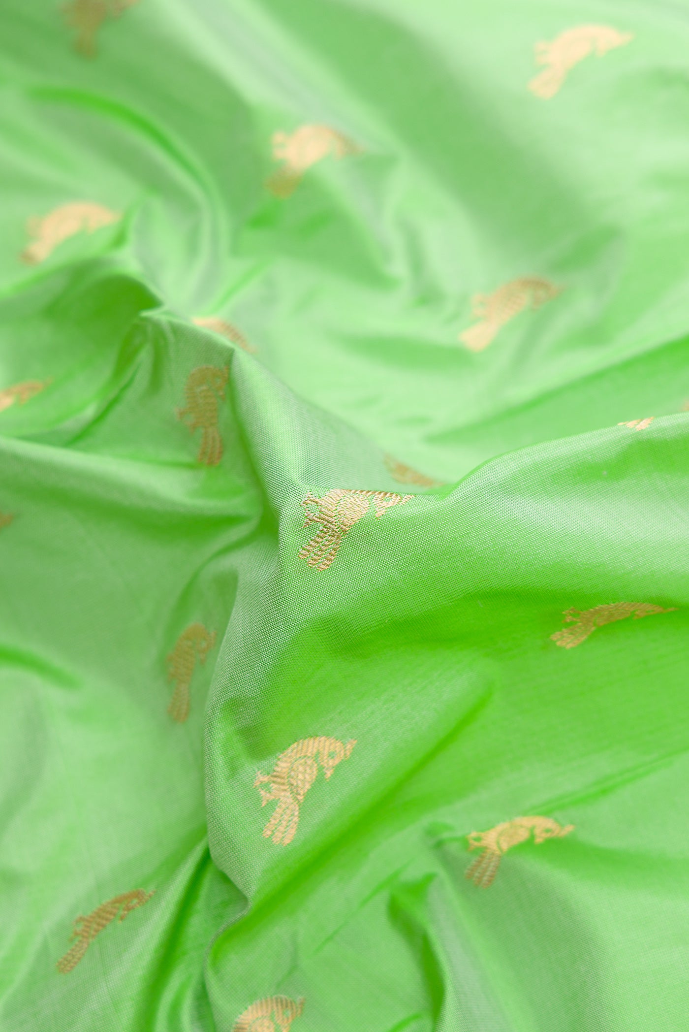 Close up of Pista Green Dual Tone Paithani Silk Saree with Zari Butta on the body and Paithani Border.  displaying folds