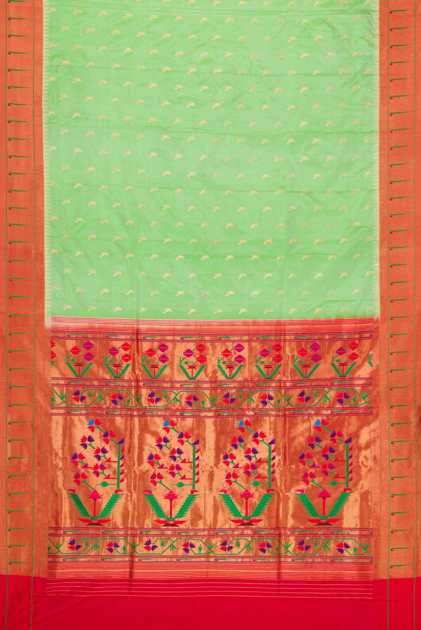 Flat view of Pista Green Dual Tone Paithani Silk Saree with Zari Butta on the body and Paithani Border. 