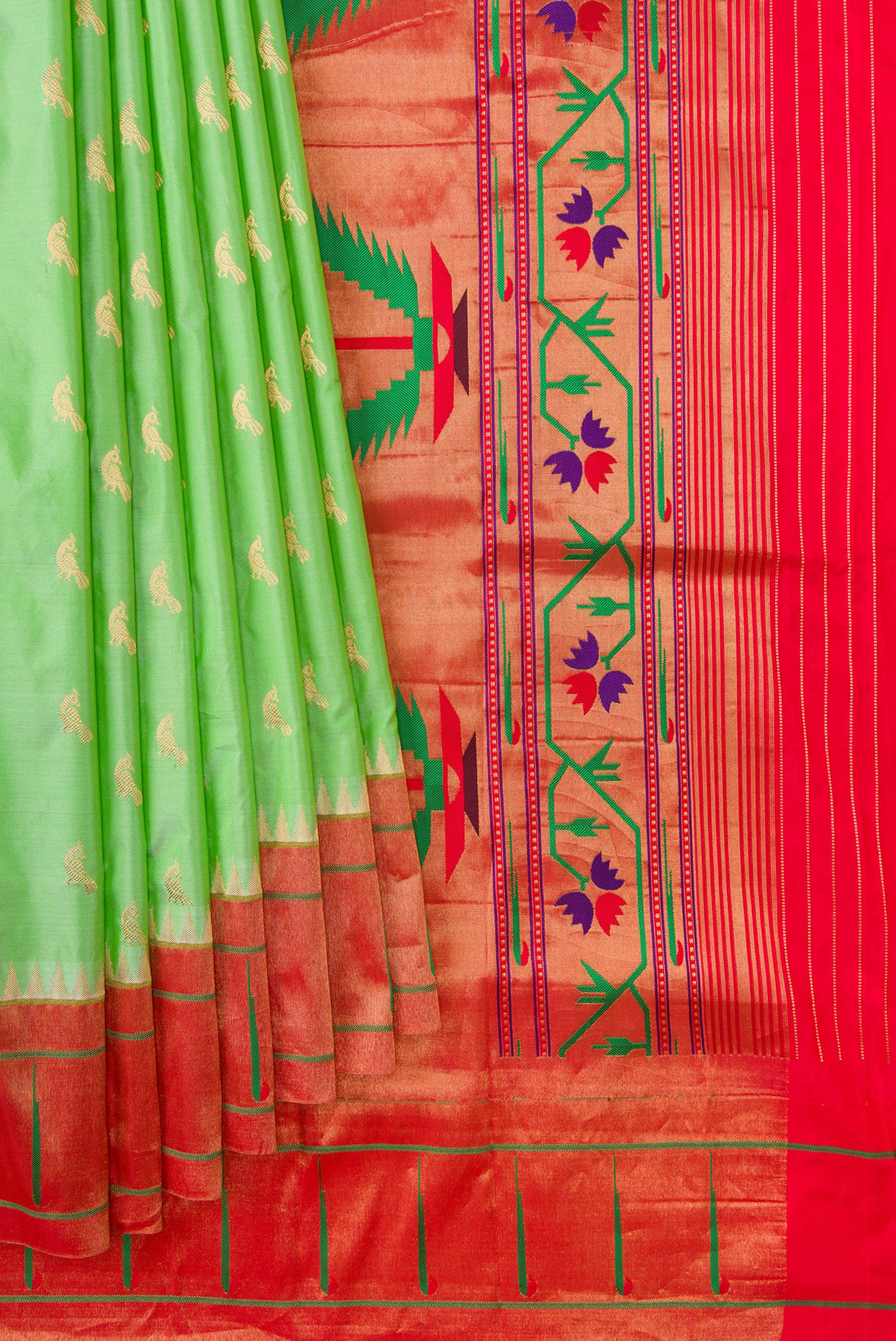 Pleats and pallu of Pista Green Dual Tone Paithani Silk Saree with Zari Butta on the body and Paithani Border. 