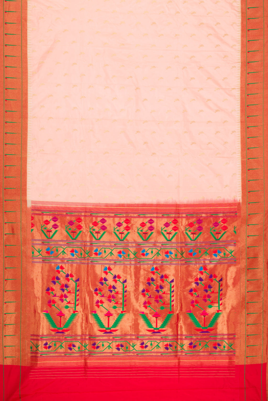 Flat view of Peach Dual Tone Paithani Silk Saree with Zari Butta on the body and Paithani Border. 