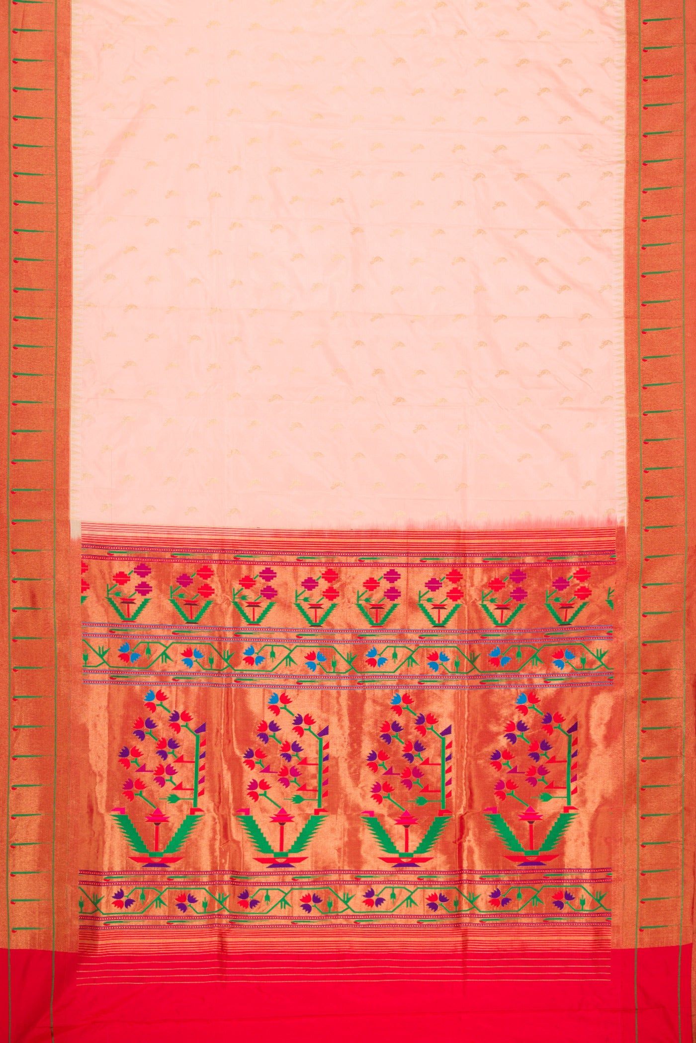 Flat view of Peach Dual Tone Paithani Silk Saree with Zari Butta on the body and Paithani Border. 