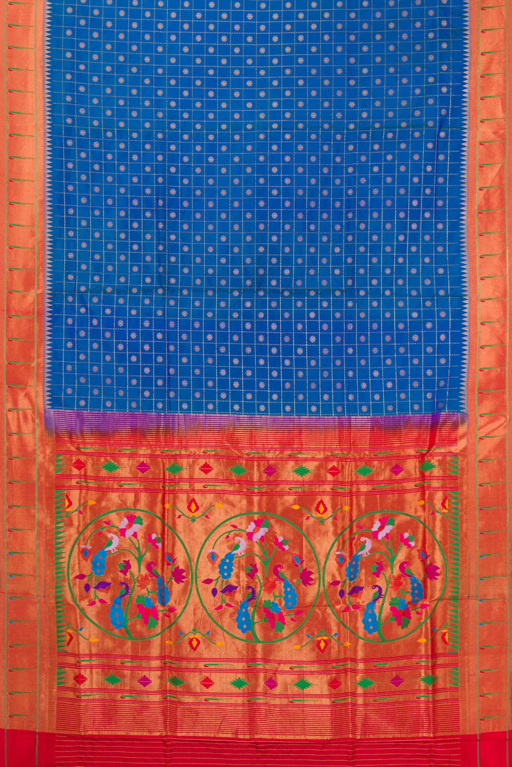 Flat view of Pure Silk Peacock Blue Dual Tone Paithani Saree with Checked design on the body and Paithani Border. 