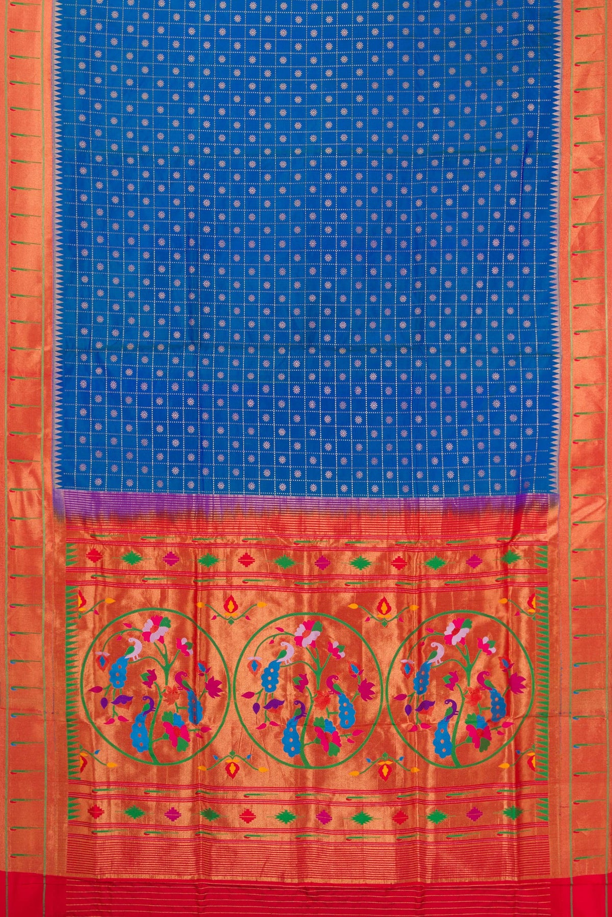Flat view of Pure Silk Peacock Blue Dual Tone Paithani Saree with Checked design on the body and Paithani Border. 