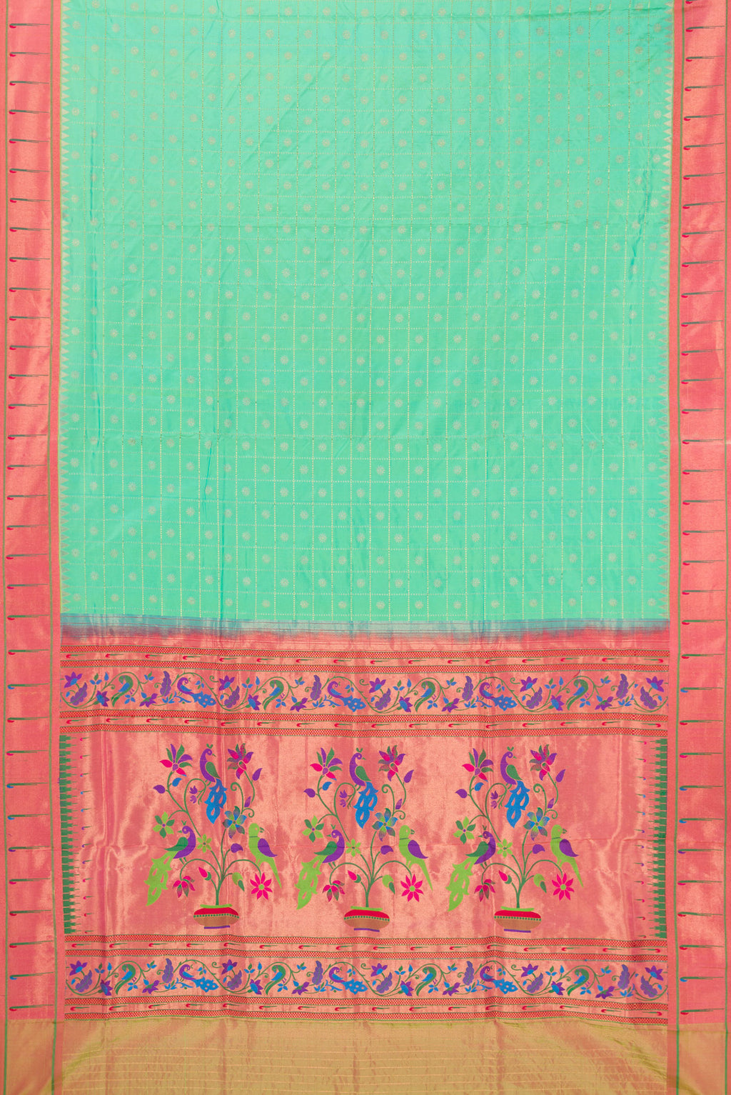 Flat view of Pure Silk Sea Green Dual Tone Paithani Saree with Checked design on the body and Paithani Border. 