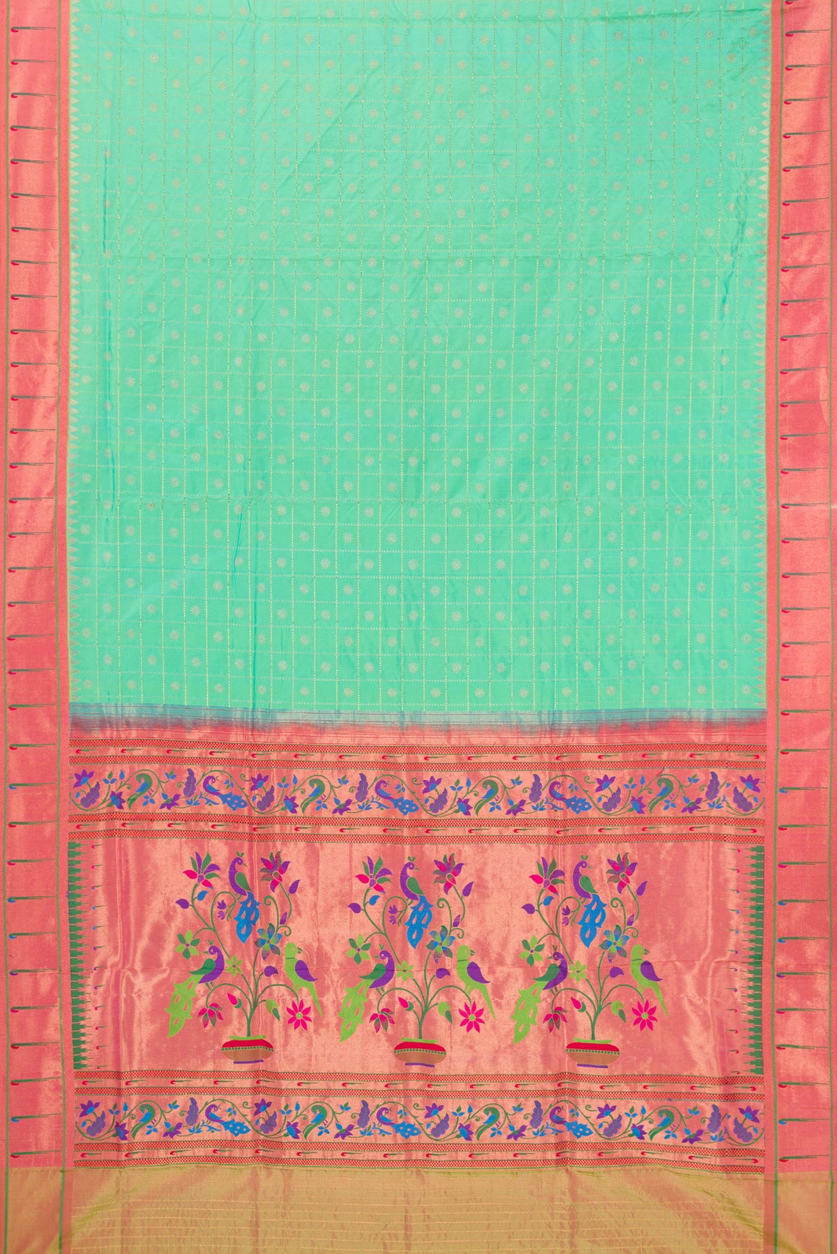 Flat view of Pure Silk Sea Green Dual Tone Paithani Saree with Checked design on the body and Paithani Border. 