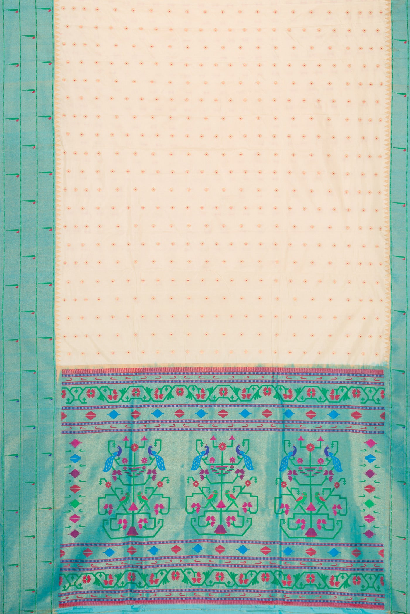 Flat view of Beige Dual Tone Paithani Silk Saree with Zari Butta on the body and Paithani Border. 