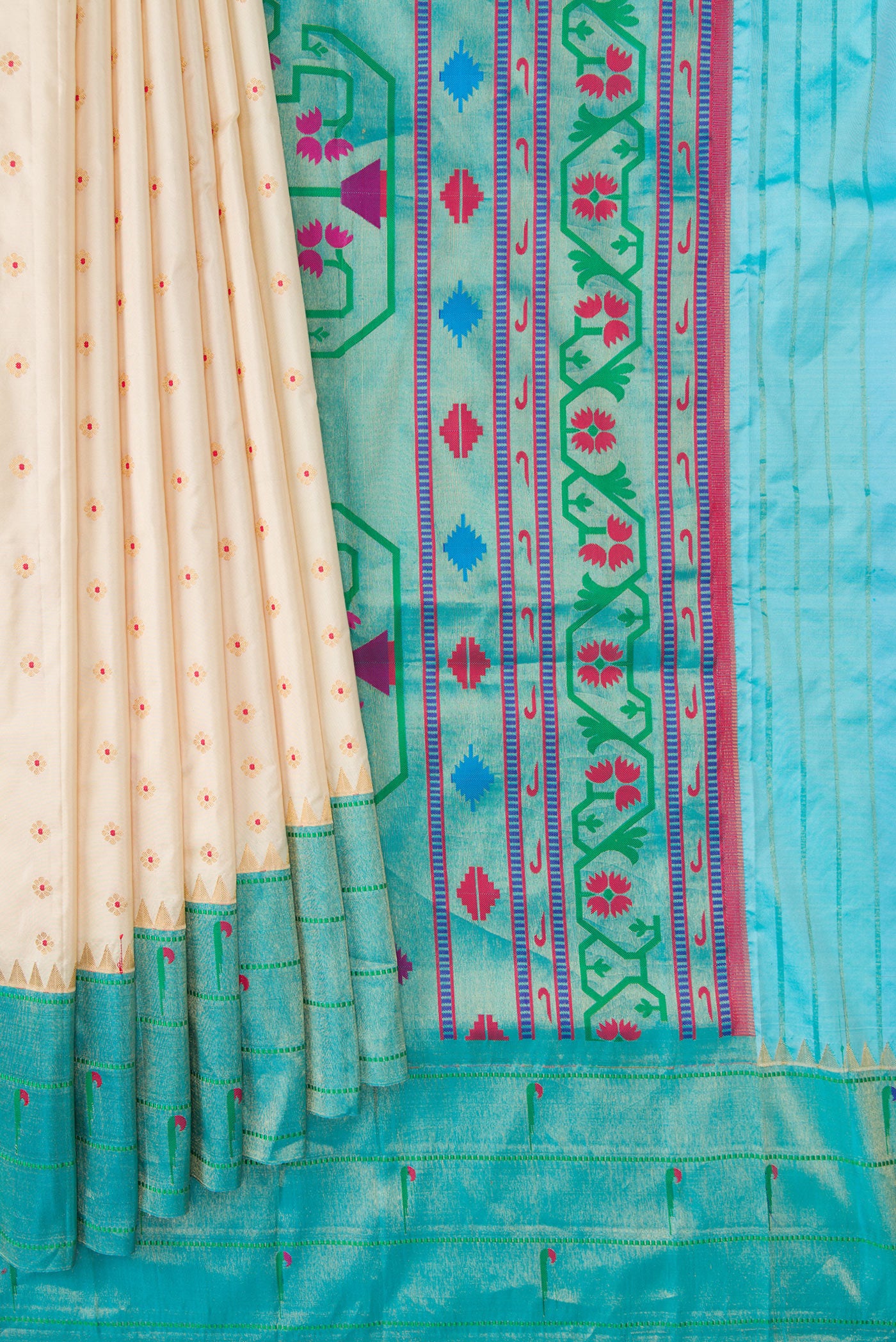 Pleats and pallu of Beige Dual Tone Paithani Silk Saree with Zari Butta on the body and Paithani Border. 