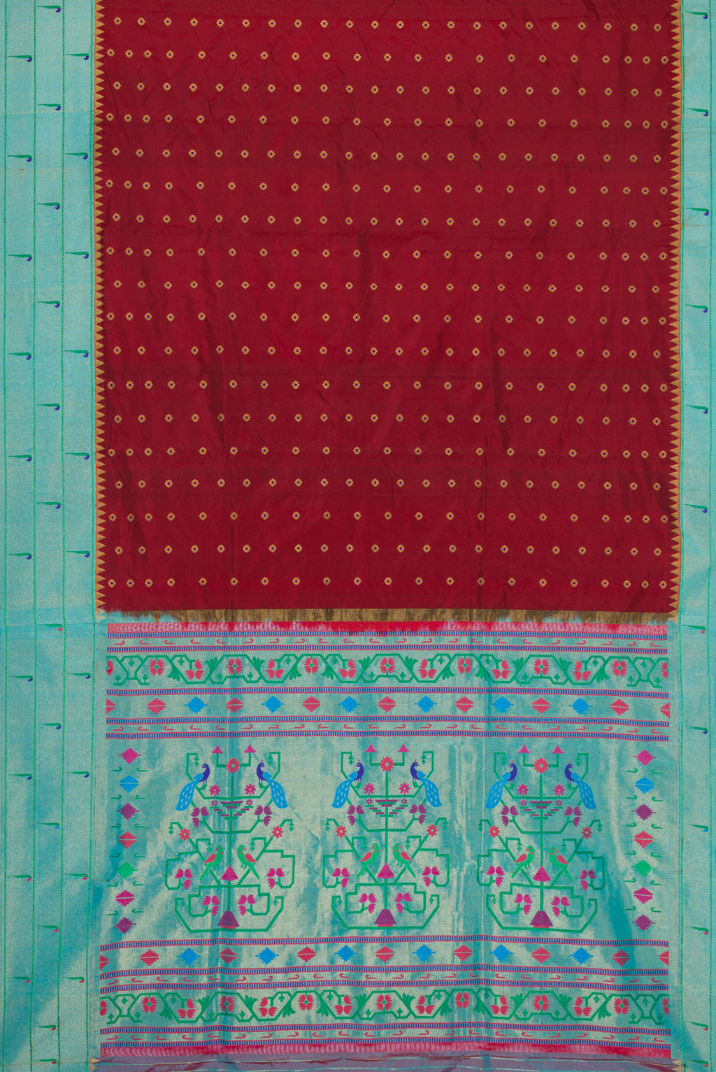 Flat view of Maroon Dual Tone Paithani Silk Saree with Zari Butta on the body and Paithani Border. 