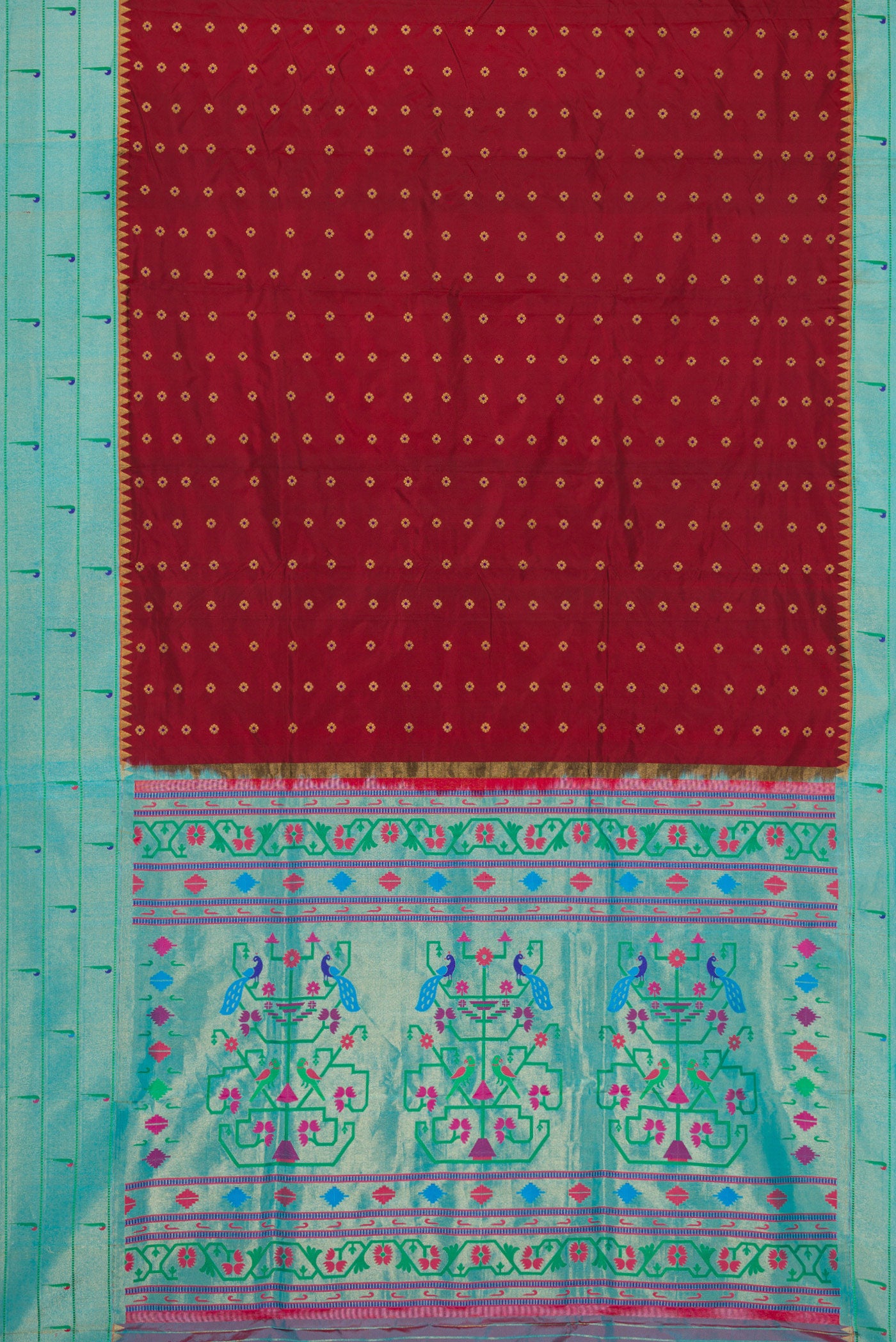 Flat view of Maroon Dual Tone Paithani Silk Saree with Zari Butta on the body and Paithani Border. 