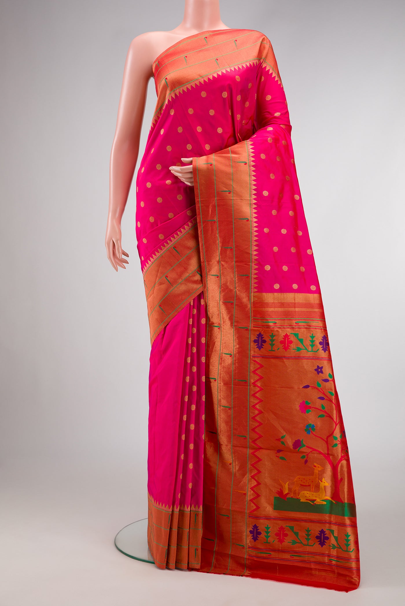 Pink Dual Tone Paithani Silk Saree with Zari Butta on the body and Paithani Border.  displayed on a mannequin