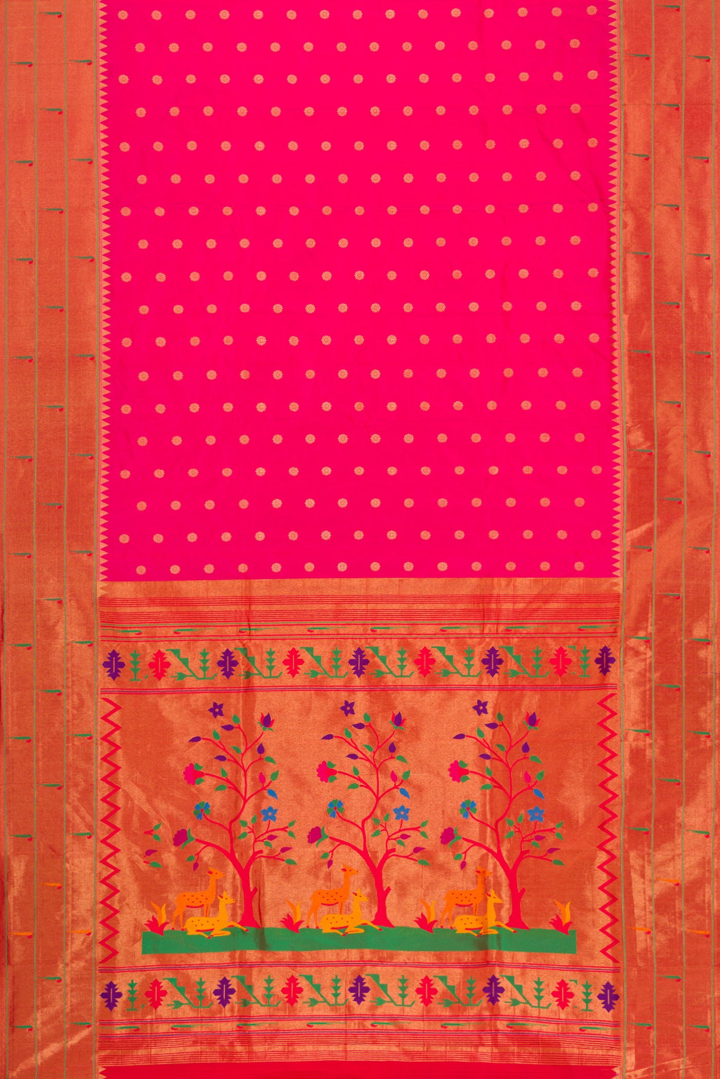 Flat view of Pink Dual Tone Paithani Silk Saree with Zari Butta on the body and Paithani Border. 