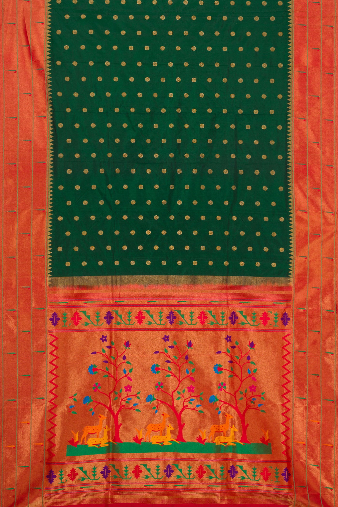 Flat view of Bottle Green Dual Tone Paithani Silk Saree with Zari Butta on the body and Paithani Border. 