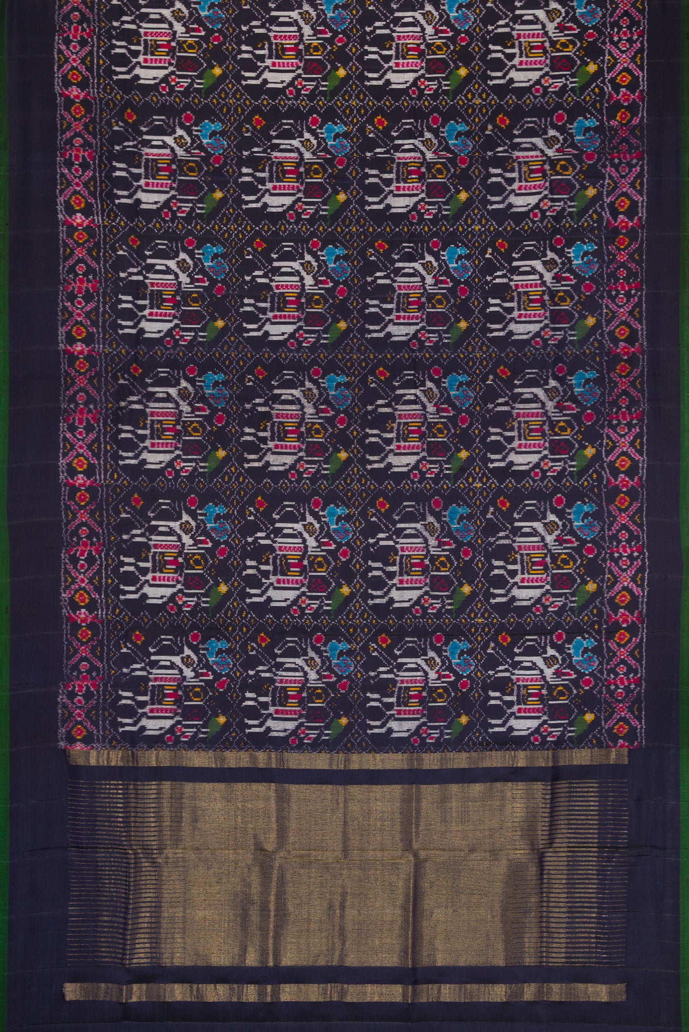 Flat view of Navy Blue Dual Tone Double Ikat Saree with Ikat Print on the body and Plain Border. 