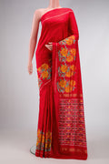 Red Dual Tone Double Ikat Saree with Plain Body and Ikat Border.  displayed on a mannequin