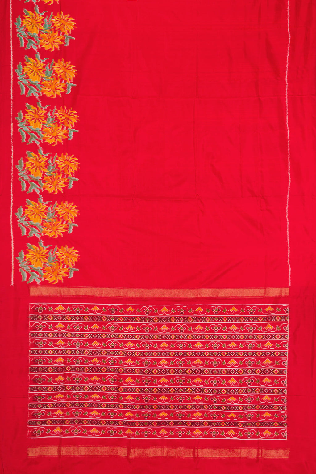 Flat view of Red Dual Tone Double Ikat Saree with Plain Body and Ikat Border. 