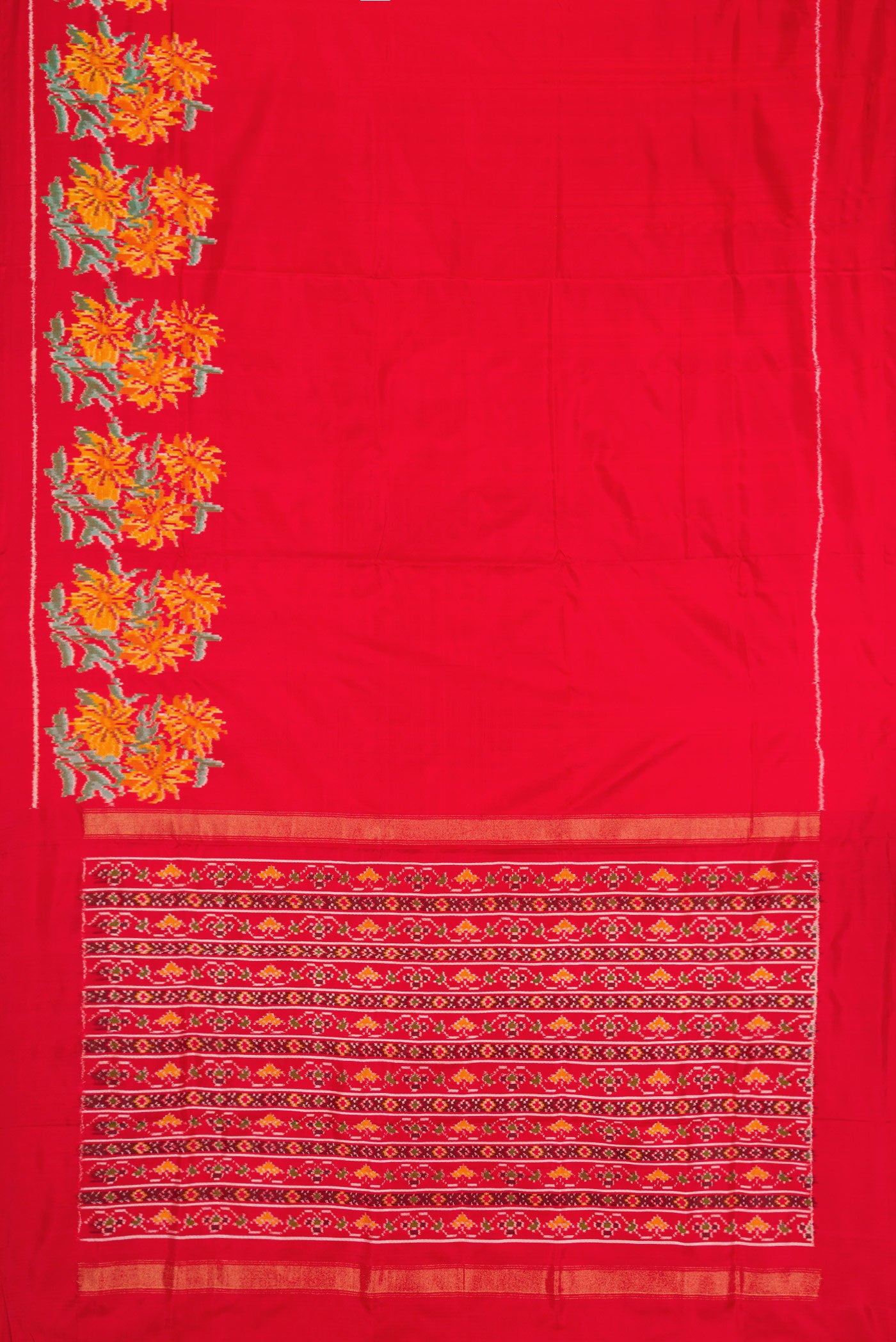 Flat view of Red Dual Tone Double Ikat Saree with Plain Body and Ikat Border. 