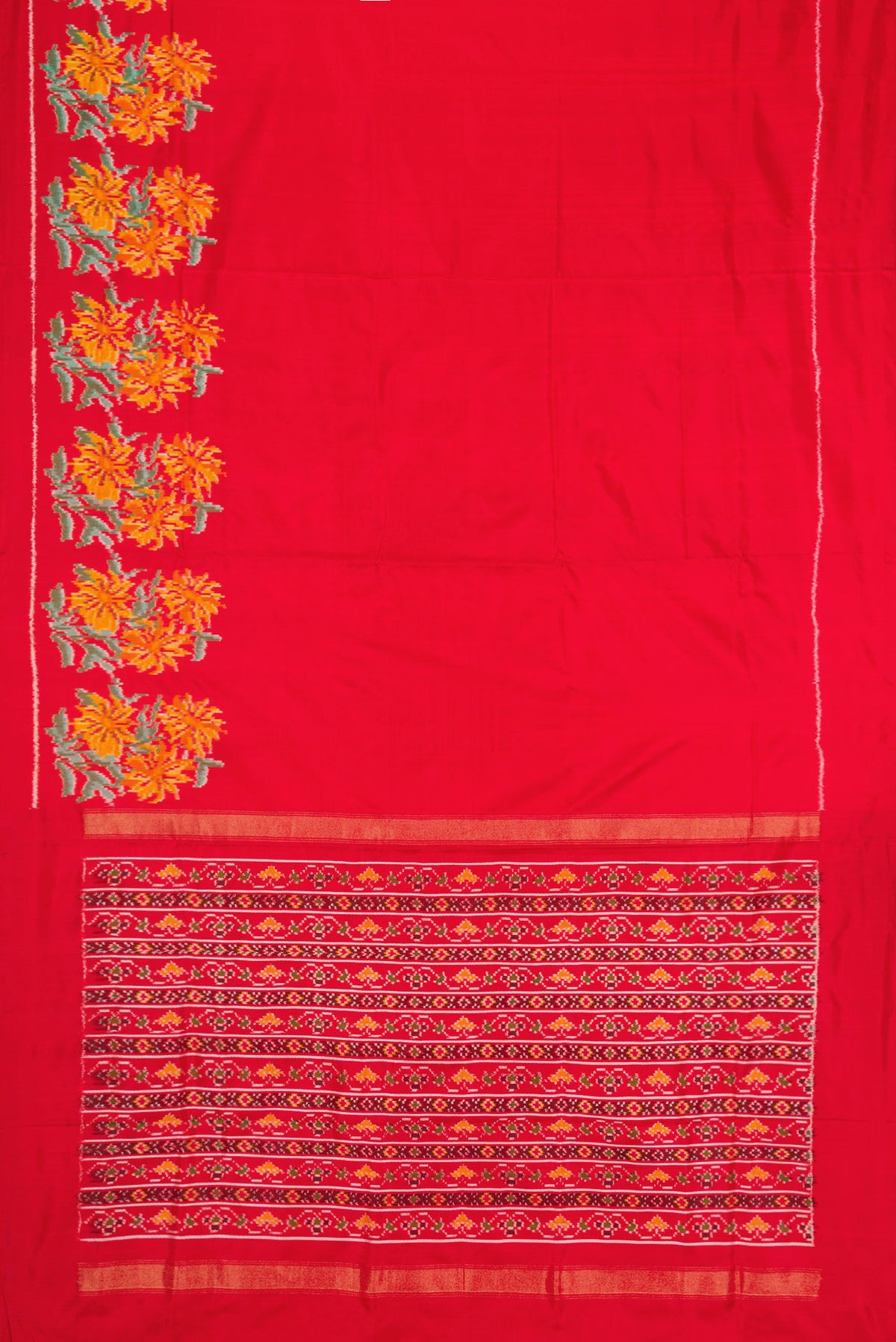 Flat view of Red Dual Tone Double Ikat Saree with Plain Body and Ikat Border. 