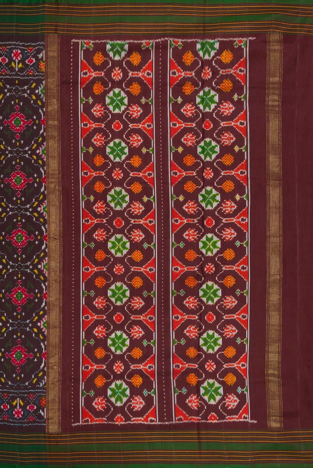 Close up image of the pallu of Black Dual Tone Double Ikat Saree with Ikat Print on the body and Thread Border. 