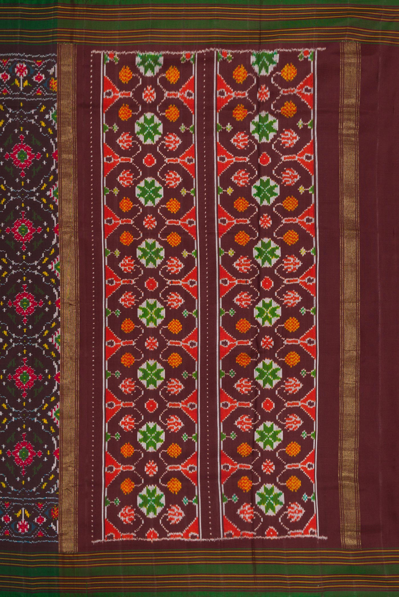 Close up image of the pallu of Black Dual Tone Double Ikat Saree with Ikat Print on the body and Thread Border. 