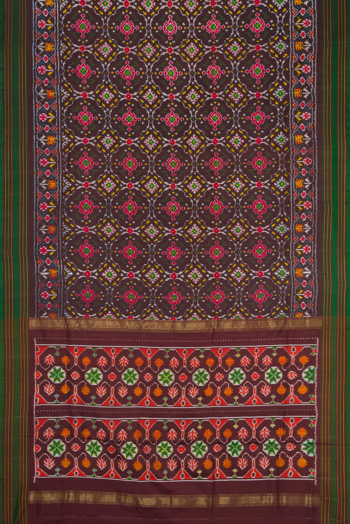 Flat view of Black Dual Tone Double Ikat Saree with Ikat Print on the body and Thread Border. 