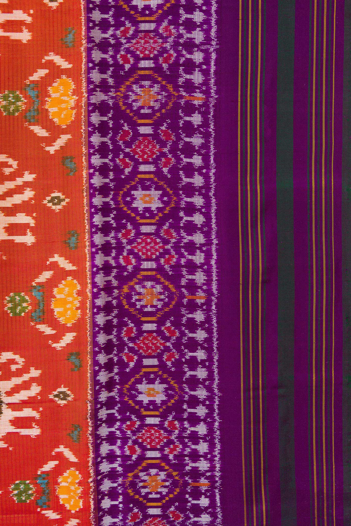 Border image of Brick Orange Dual Tone Double Ikat Saree with Ikat Print on the body and Zari Border. 