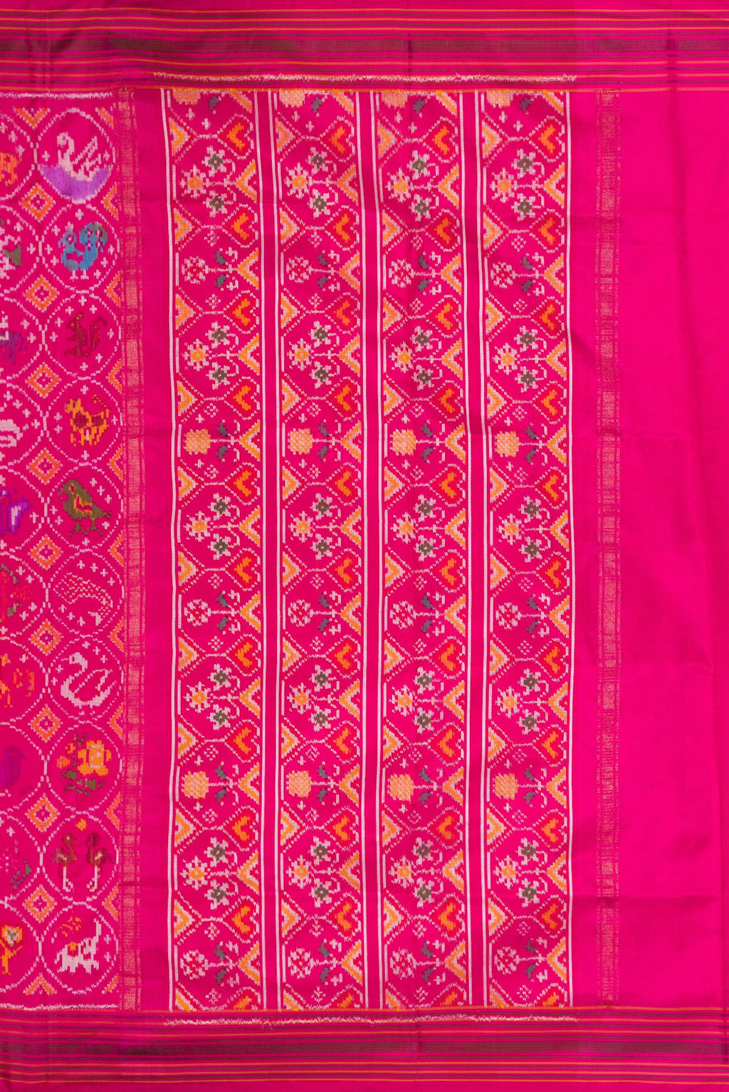 Close up image of the pallu of Pink Dual Tone Double Ikat Saree with Ikat Print on the body and Ikat Border. 