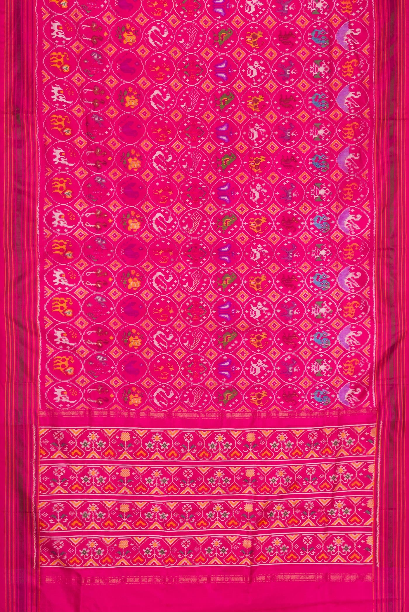Flat view of Pink Dual Tone Double Ikat Saree with Ikat Print on the body and Ikat Border. 