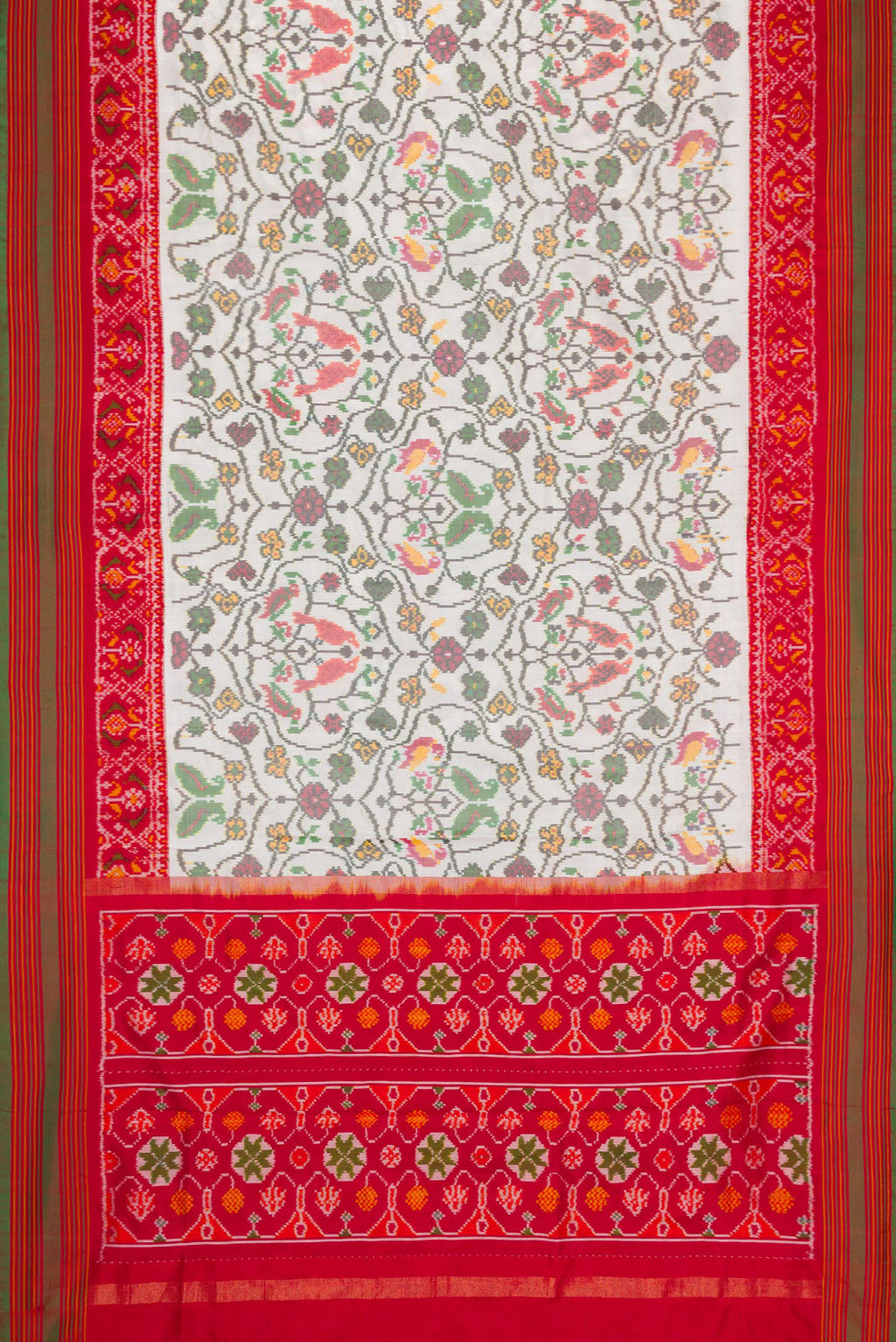 Flat view of Off White Dual Tone Double Ikat Saree with Ikat Print on the body and Ikat Border. 