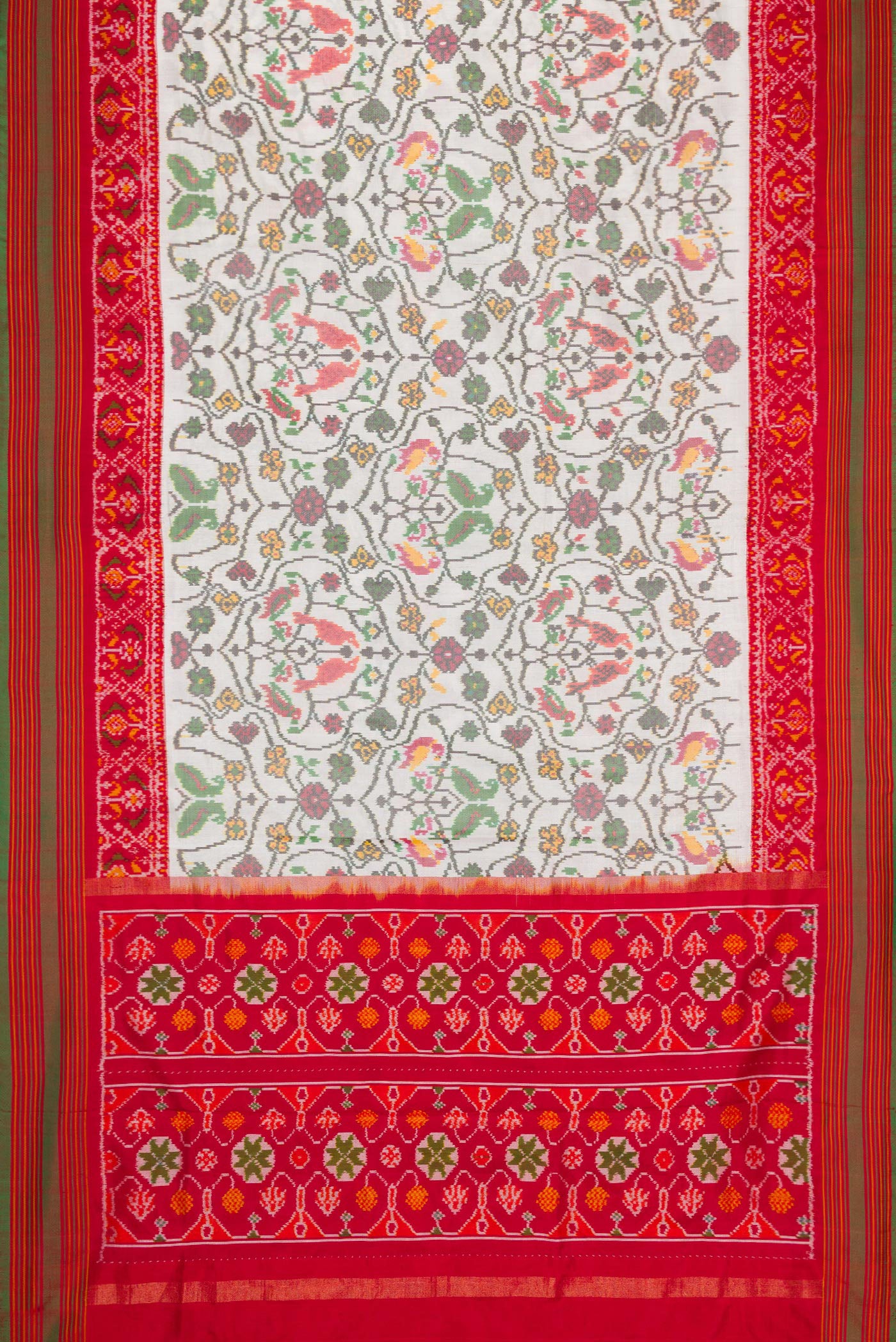 Flat view of Off White Dual Tone Double Ikat Saree with Ikat Print on the body and Ikat Border. 