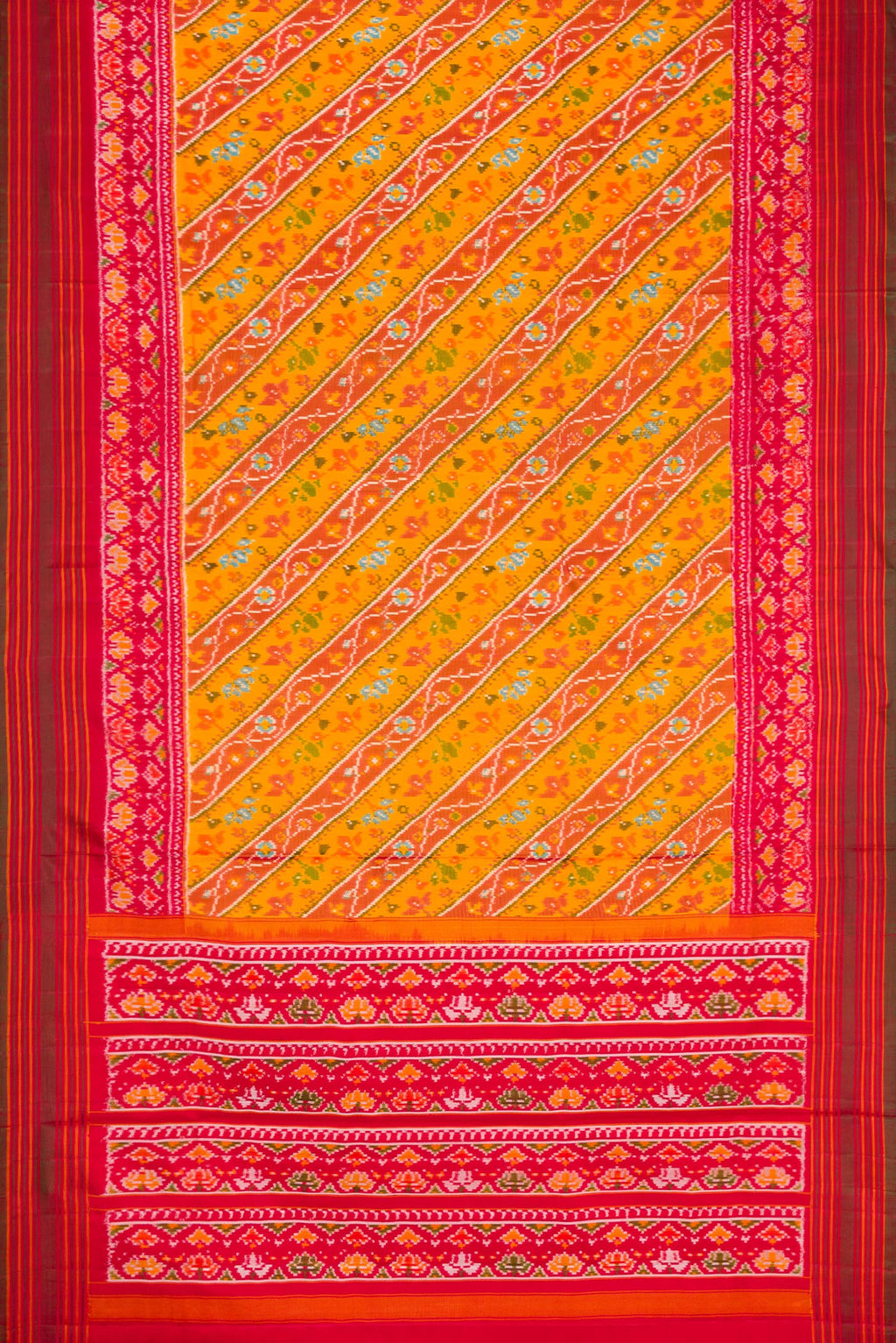 Flat view of Mustard Dual Tone Double Ikat Saree with Ikat Print on the body and Ikat Border. 