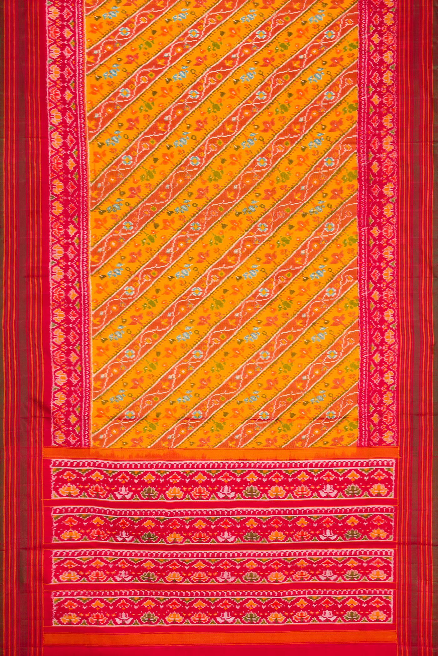 Flat view of Mustard Dual Tone Double Ikat Saree with Ikat Print on the body and Ikat Border. 